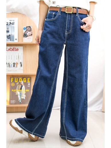 2215-1149 - 型格 -後腰橡根 ‧ 拼色車線 ‧ 牛仔喇叭褲 (韓國)